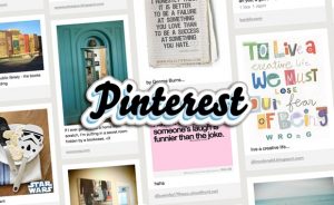 The logo of Pinterest with a background showing the tile-pattern of a typical Pinterest website layout.