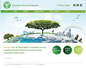 The homepage for Electronics Recycling Services shows an enormous tree towering over the Earth and skyscrapers.