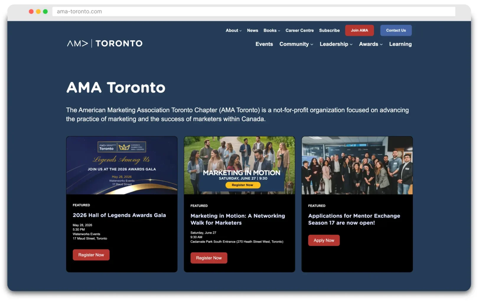 Screenshot of AMA Toronto's home page