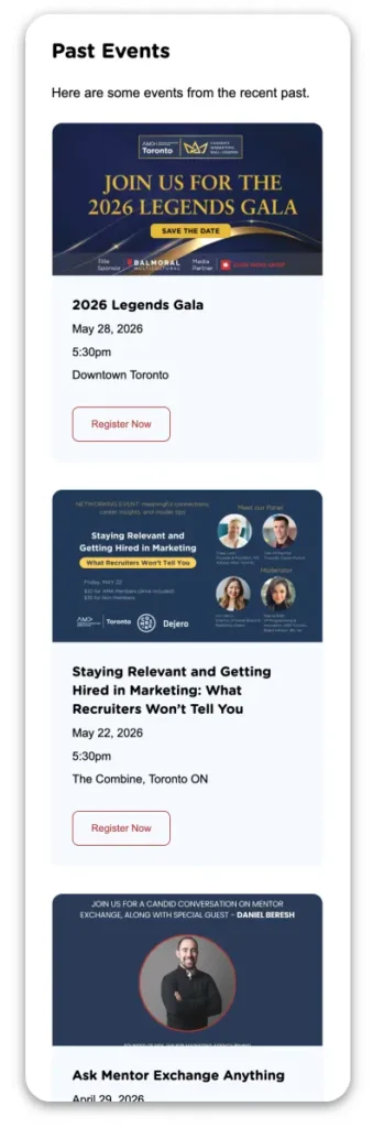 Screenshot of AMA-Toronto Events page mobile